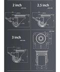 Technical drawing of Rock Solid Heavy Duty Swivel Casters With Dual Brake System And Double Bearing Nylon Wheels in 2, 2.5, and 3 inch sizes.