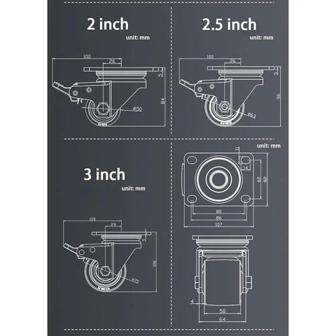 Technical drawing of Rock Solid Heavy Duty Swivel Casters With Dual Brake System And Double Bearing Nylon Wheels in 2, 2.5, and 3 inch sizes.