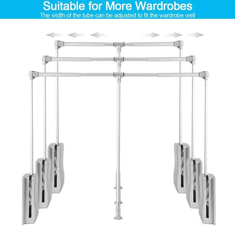 Pull Down Closet Rod System With Soft Close Aluminum Garment Rail For Space Saving Wardrobe Organizer, Adjustable Width Rack