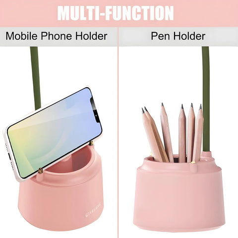 Cute LED Desk Lamp With Flower And Bird Design for desk, phone and pen holder feature, pink USB rechargeable, kawaii table lamp.
