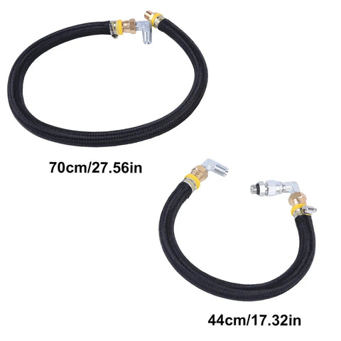 Upgrade Your Ride With A Premium 2PC Fuel Line Kit For Ford E250 E350 F250 F350 From 1988 To 1994, Perfect For The 6.9L And 7.3L IDI Diesel Engines To Keep The Flow Crisp. Two black braided fuel hoses, 70cm and 44cm, with fittings