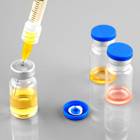 Ehoycq 2ml glass vials with blue plastic-aluminum flip caps; 10-pack for injections.