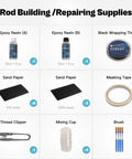 Fishing Rod Repair Kit With Epoxy Glue, Wrapping Thread, Clipper, And Masking Tape for quick rod fixes, perfect for DIY anglers.