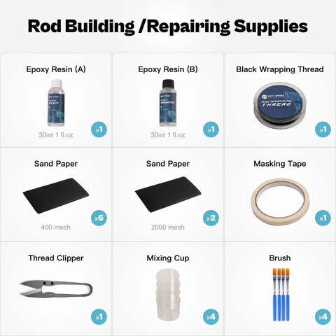 Fishing Rod Repair Kit With Epoxy Glue, Wrapping Thread, Clipper, And Masking Tape for quick rod fixes, perfect for DIY anglers.