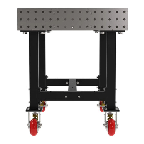 Shop Ready Heavy Duty Welding Fixture Table With Precision Laser Cut Grid Holes And Smooth Rolling Locking Casters For Zero Fuss Fabrication Rigs 48X30X36, front view showcasing grid plate and casters.