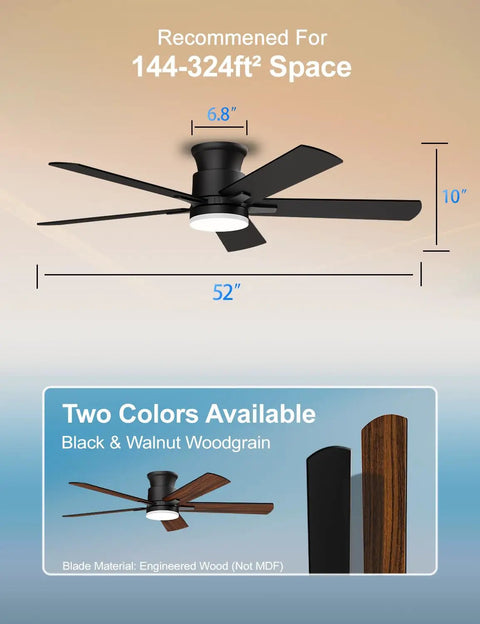 Diagram showing a 52 Inch Black Ceiling Fan With Lights, Flush Mount Hugger Design, in black and walnut woodgrain options.