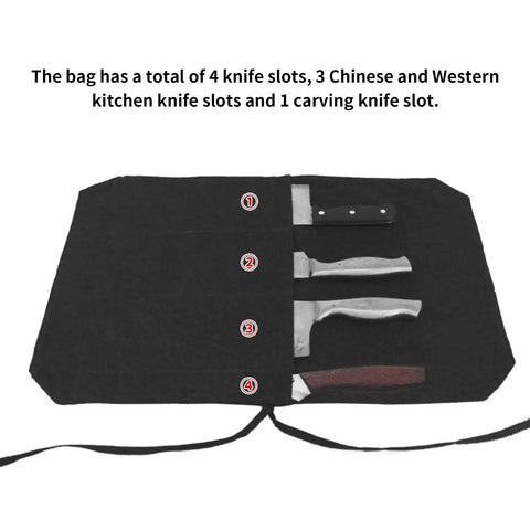 Heavy Duty Chef Knife Roll Bag Forged From Hella Tough 16a Canvas To Shield All Sharp Kitchen Blades During Daily Grinds showing 4 knife slots.