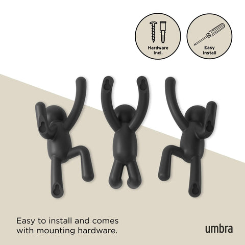 Buddy Wall Hooks Set of 3 Fun, Cool, Decorative Wall Mounted Coat Hooks in black with easy install hardware, front view.