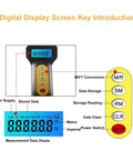 Digital display of Kuuleyn Digital Display Rangefinder Wheel with key functions and measurement data.