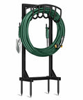Heavy Duty Garden Hose Holder Stand With Four Spikes And Two Tool Hooks Freestanding Metal Hose Reel Organizer For Outdoor Yard Storage Detachable Water Hose Rack with hose and tools