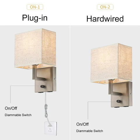 Bedside Wall Mount Lamp With Dimmer Switch And Dual USB Ports, Linen Fabric Shade Wall Sconce, Plug-In and Hardwired Options