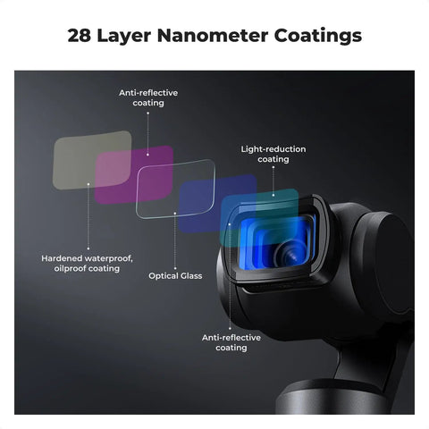 Effect Lens And ND Filter Kit For DJI Osmo Pocket 4/3 With coatings diagram showing 28-layer optical glass protection.