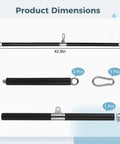 Dimensions of Beefy Detachable Lat Pulldown Bar With 360 Degree Swivel, 42.9in length, 1.2in diameter, showing components.