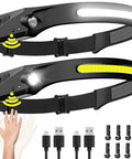 Rechargeable Two Pack Headlamp With 230 Degree Wide Beam And Motion Sensor, Waterproof LED Headlight shown with accessories.