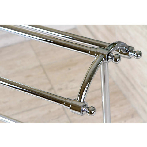 Close-up of a freestanding pedestal towel rack in polished chrome with a triple towel design, featuring durable brass construction.