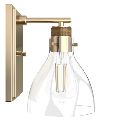 Side view of Alturas Gold 1 Light Sconce In A Medium Size Dimmable Wall Light With Transitional Style showcasing clear glass shade