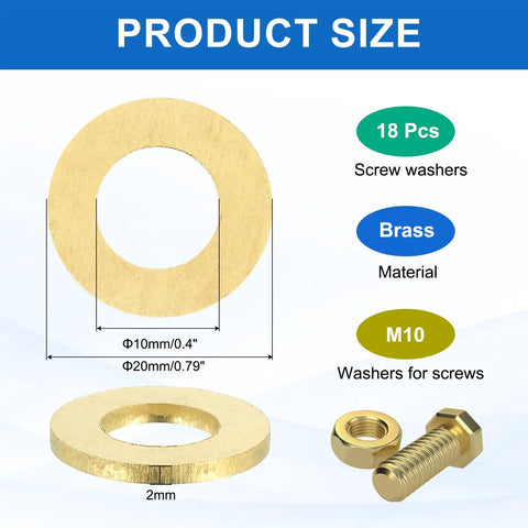 Workhorse Brass Flat Washers 18 Pack M10 Crush Gasket Rings showing dimensions 10MM inner bore, 20MM outer lip, 2MM thick.