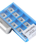 Accusize APKT160408-LH carbide inserts, 10 pcs, in blue 10-slot plastic organizer for aluminum machining.