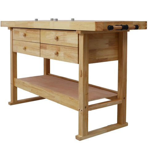 Beefy Heavy Duty Wooden Workbench With Four Drawers And Rubber Wood Top, 60 Inch Garage Shop Table With Two 16 Inch F Clamps