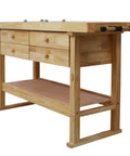 Heavy Duty Sixty Inch Wooden Workbench With Four Deep Storage Drawers And Welding Table Setup featuring sturdy wooden build and ample space.
