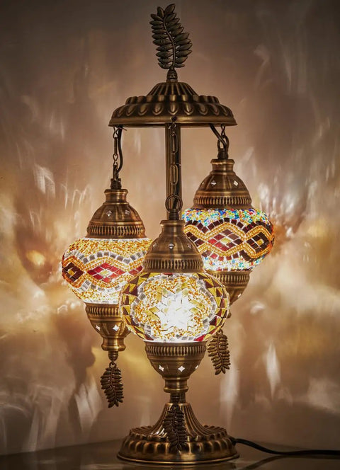 Three Globe Turkish Moroccan Table Lamp With Tiffany Mosaic Glass Globes And Antique Brass Finish Base For Bedside Or Living Room Vibe 21 Inch Height Brown And Amber Handmade Craft.