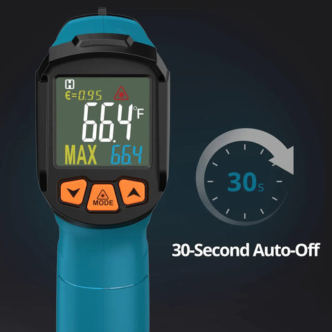 Non Contact Infrared Thermometer Gun With 12 To 1 Distance To Spot showing 664°F on display with 30-second auto-off feature