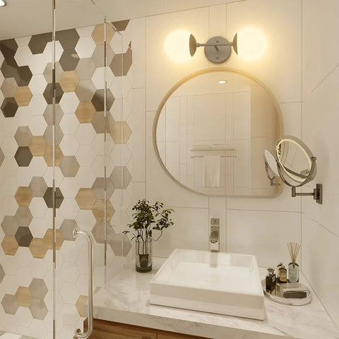 Bathroom with Black Two Light Globe Wall Sconce Modern Indoor Lighting For Living Room Bedroom Hallway Bathroom With 3000K G9 Bulbs Included Hardwired Easy Install Today