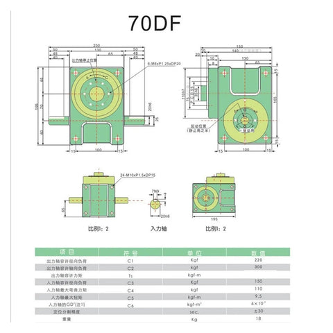 Technical drawing of Heavy Duty 70DF Cam Indexer 180 Degree Indexing Device For Industrial Automation showing dimensions and specifications.