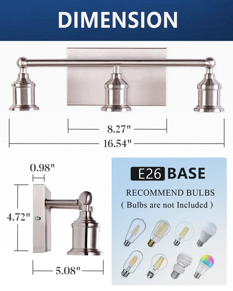 Dimensions and E26 base of Three Light Brushed Nickel Bath Vanity Fixture Up Down Wall Sconce Sleek Modern Industrial Retro Metal Wall Lamp