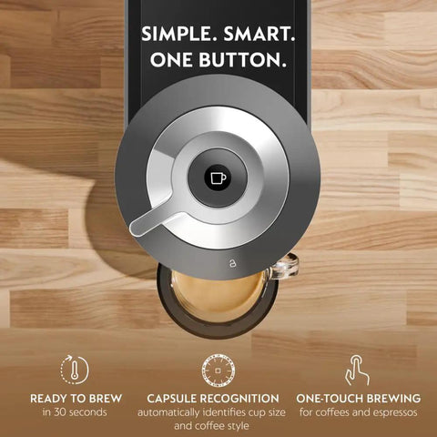 Vertuo Next Coffee And Espresso Maker Machine Only 1260 Watts Dark Gray with cup brewing on wooden surface, top view