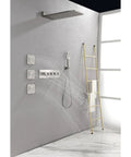 Wall Mounted Waterfall Rain Shower System with 3 Body Sprays & Handheld Shower showcasing brushed nickel finish and water flow.