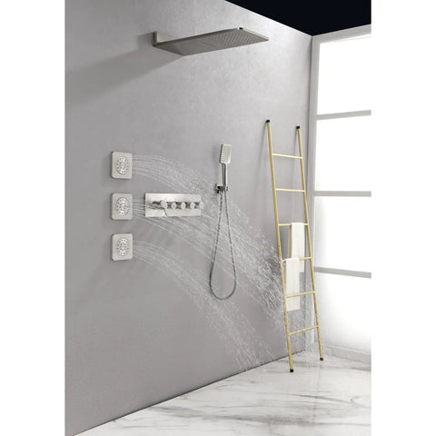 Wall Mounted Waterfall Rain Shower System with 3 Body Sprays & Handheld Shower showcasing brushed nickel finish and water flow.