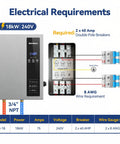 18Kw Electric Tankless Water Heater diagram showing electrical requirements, including 240V voltage, 75 amps, and breaker details.