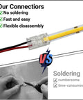 Top Shelf 10mm Cob Led Strip Connector Clips Two Pin Solderless Wire Adapter comparing easy connector to traditional soldering.