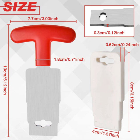 Premium Pool Plug Removal Tool Set with red handle, stainless steel and plastic wrenches, dimensions marked