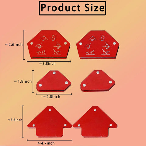 Red steel magnetic welding holder set, 6pcs, includes hex, trapezoid, and house-shaped clamps for soldering positioning