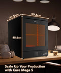 Game Changer 360 Degree UV Curing Station For 3D Prints with Clear Enclosure on a Desk, Dimensions Labeled