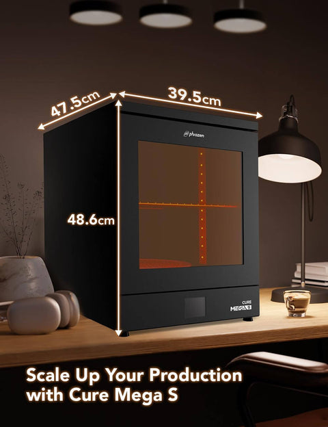 Game Changer 360 Degree UV Curing Station For 3D Prints with Clear Enclosure on a Desk, Dimensions Labeled