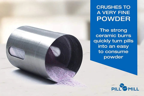 Effortless Pill Crusher For Multiple Tablets Metal Grinder And Tablet Pulverizer No Fuss On The Go Travel Friendly Creates Fine Powder For Feeding Tubes Pets And Everyday Use, showing metal design with fine powder
