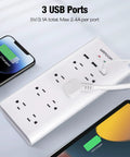 Long Reach 12 Foot Surge Protector Power Strip with Eight Outlets, 1050J Protection, 3 USB Ports, and white heavy duty cord