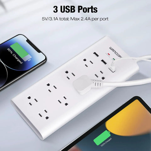Long Reach 12 Foot Surge Protector Power Strip with Eight Outlets, 1050J Protection, 3 USB Ports, and white heavy duty cord