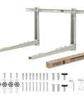 Heavy Duty Mini Split Wall Mount Bracket For Outdoor Units Built Tough And Ready To Go Supports 6000 To 36000 BTU Air Conditioners And Heat Pumps Up To 550 Lbs Pre Drilled 16 Inch On Center Holes For US Wall Studs On Wood Brick Or Concrete, with components and installation kit.