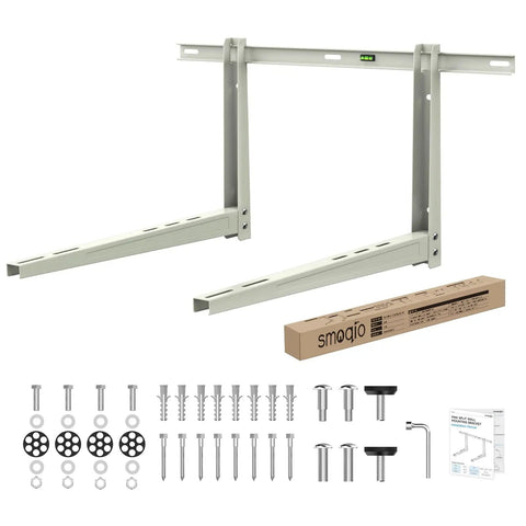 Heavy Duty Mini Split Wall Mount Bracket For Outdoor Units Built Tough And Ready To Go Supports 6000 To 36000 BTU Air Conditioners And Heat Pumps Up To 550 Lbs Pre Drilled 16 Inch On Center Holes For US Wall Studs On Wood Brick Or Concrete, with components and installation kit.