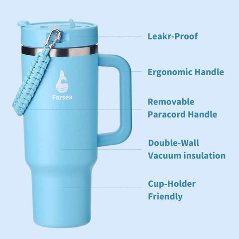 40 Oz Double Wall Insulated Travel Tumbler With Detachable Paracord Handle And Leakproof Lid in light blue
