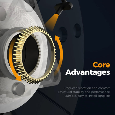 Close-up of Two Pack Front Wheel Hub Bearing Assembly 513296 showing gear structure and core advantages text on dark background