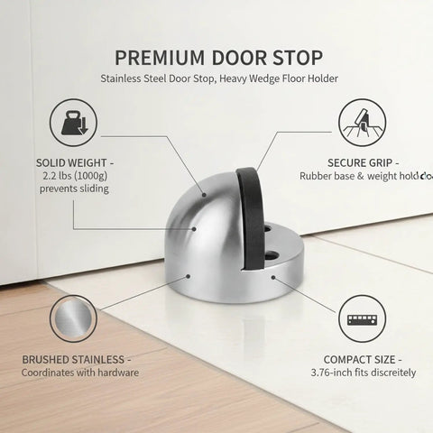 Heavy 2.2 Lb Stainless Steel Door Stop Wedge With Brushed Finish Floor Holder for hardwood and tile, non-magnetic interior door prop