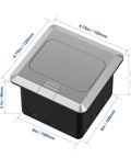 Pop Up Floor Outlet With 20 Amp GFCI, Stainless Steel Recessed Floor Box dimensions shown, silver flip cover closed