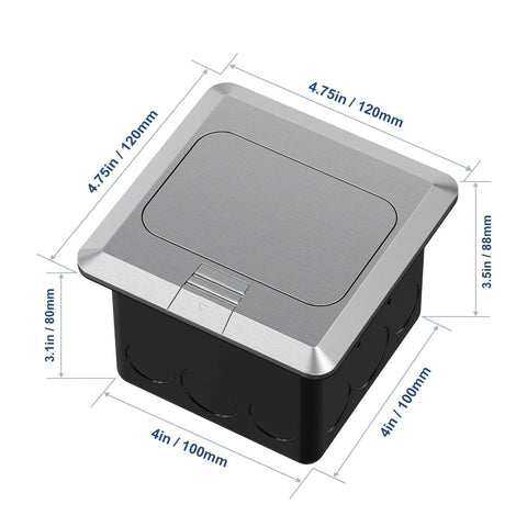 Pop Up Floor Outlet Box With USB Charging, 4.8A Quick Charge, Waterproof Stainless Steel Receptacle, Hidden Flush Mount, Silver