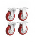 Set of four red polyurethane plate caster wheels with brake, heavy duty swivel replacement for industrial hand trucks and carts.