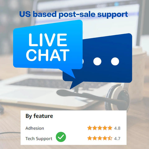 Live chat support with ratings shown on laptop screen, headset on desk. WiFi Door Alarm For Freezer And Refrigerator With Text Alerts And App